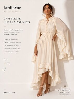 JardinVue Ivory Cape Sleeve Ruffle High Low Maxi Dress